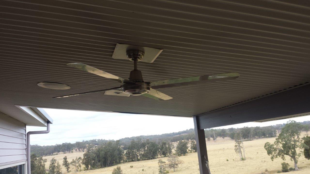 Soffit sheets with lights, speakers and fan for outdoor entertaining